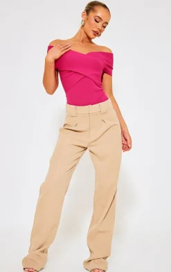 PrettyLittleThing Knitted Tops*Fuchsia Rib Knit Foldover Twist Bodysuit