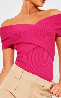 PrettyLittleThing Knitted Tops*Fuchsia Rib Knit Foldover Twist Bodysuit