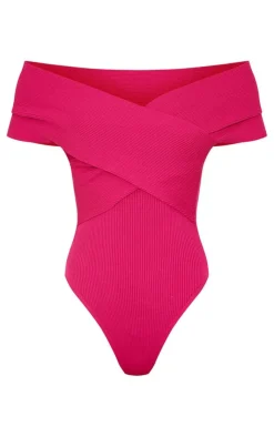 PrettyLittleThing Knitted Tops*Fuchsia Rib Knit Foldover Twist Bodysuit