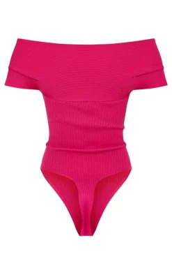 PrettyLittleThing Knitted Tops*Fuchsia Rib Knit Foldover Twist Bodysuit