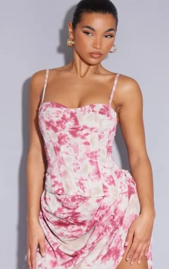 Best PrettyLittleThing Tie Dye Print Structured Corset Top Fuchsia