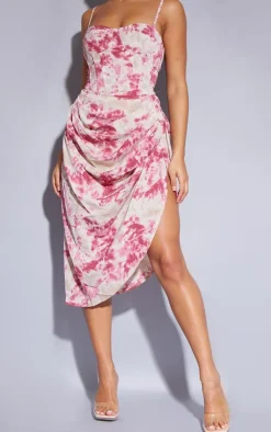 Sale PrettyLittleThing Tie Dye Ruched Side Midi Skirt Fuchsia
