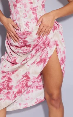 Sale PrettyLittleThing Tie Dye Ruched Side Midi Skirt Fuchsia