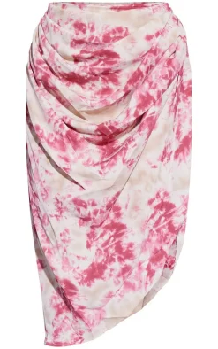Sale PrettyLittleThing Tie Dye Ruched Side Midi Skirt Fuchsia