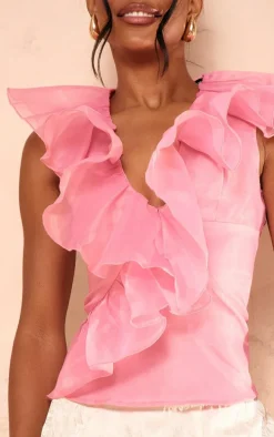 Fuschia Organza Extreme Ruffle Plunge Top