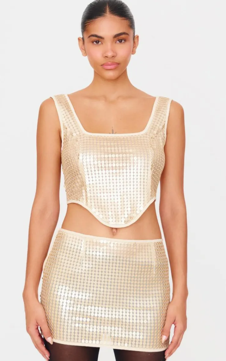 Discount PrettyLittleThing Chain Sequin Low Rise Micro Mini Skirt Gold
