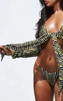 Gold Contrast Stripe Plisse Bardot Beach Top