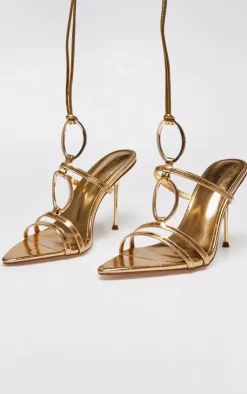 PrettyLittleThing Statement Heels*Croc Pu Point Toe Ring Detail Lace Up Heeled Sandals