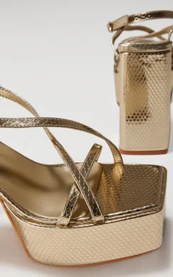 PrettyLittleThing Platform Sandals*Croc PU Square Toe Cross Strap Platform Heeled Sandals