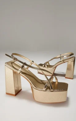 PrettyLittleThing Platform Sandals*Croc PU Square Toe Cross Strap Platform Heeled Sandals