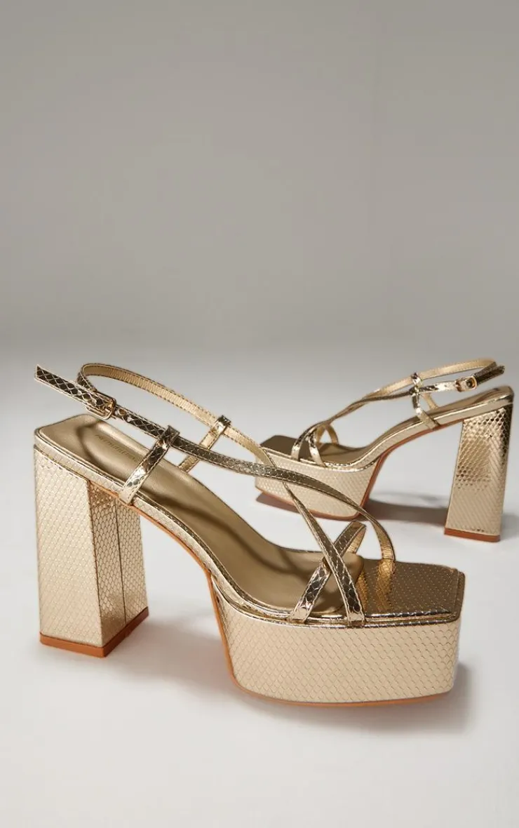 PrettyLittleThing Platform Sandals*Croc PU Square Toe Cross Strap Platform Heeled Sandals