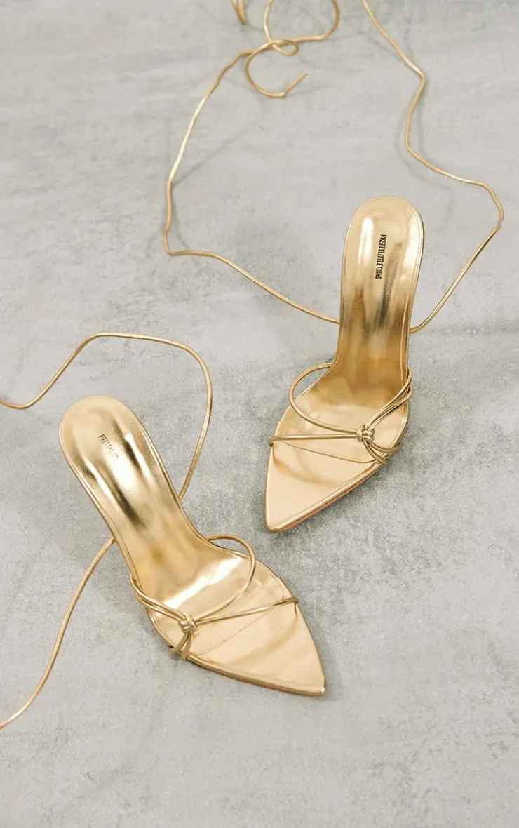 PrettyLittleThing Heeled Sandals*Faux Leather Metallic Pointed Knot Detail Tie Up Heeled Sandals