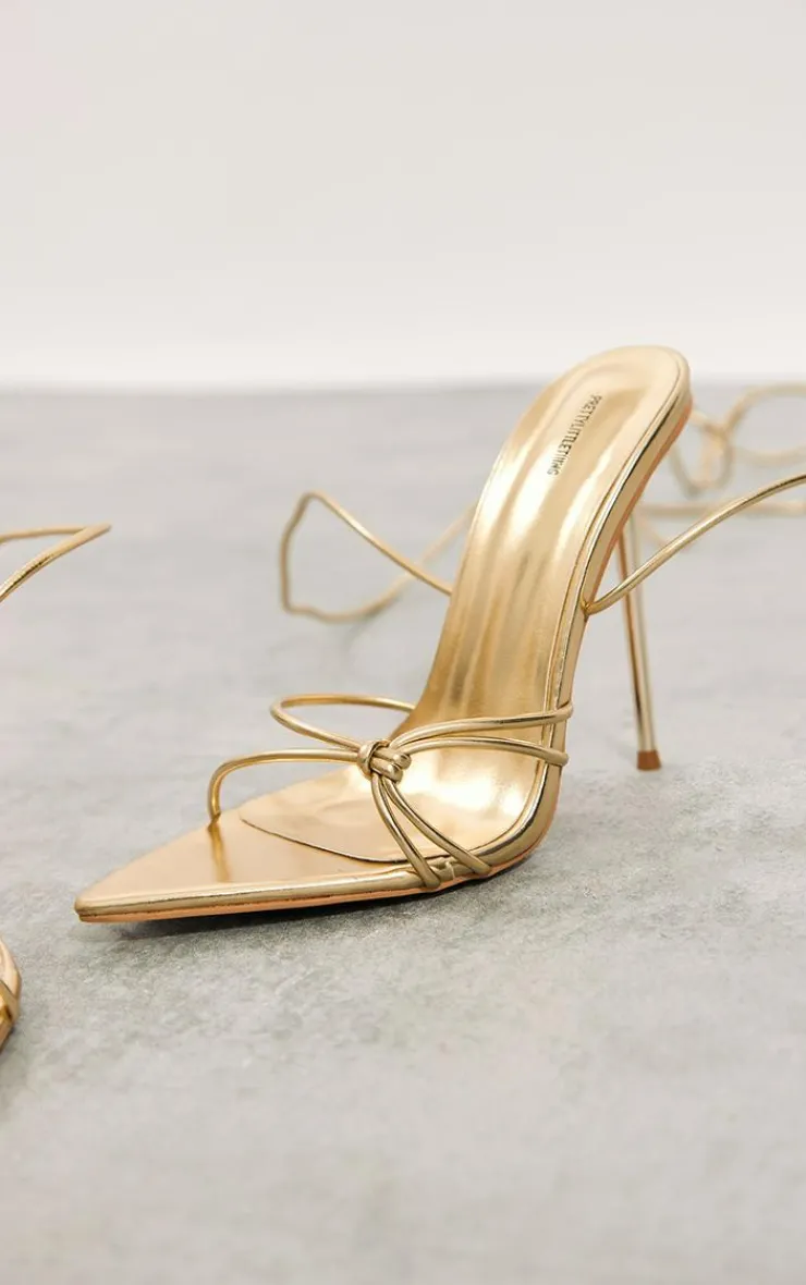 PrettyLittleThing Heeled Sandals*Faux Leather Metallic Pointed Knot Detail Tie Up Heeled Sandals