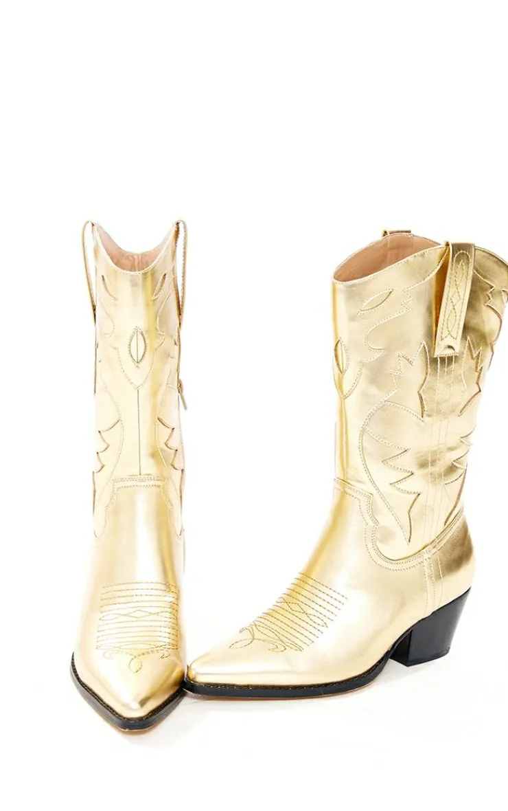 PrettyLittleThing Low Heels*Faux Leather Metallic Shine Block Heel Low Western Calf Boots