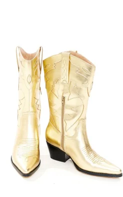 PrettyLittleThing Low Heels*Faux Leather Metallic Shine Block Heel Low Western Calf Boots