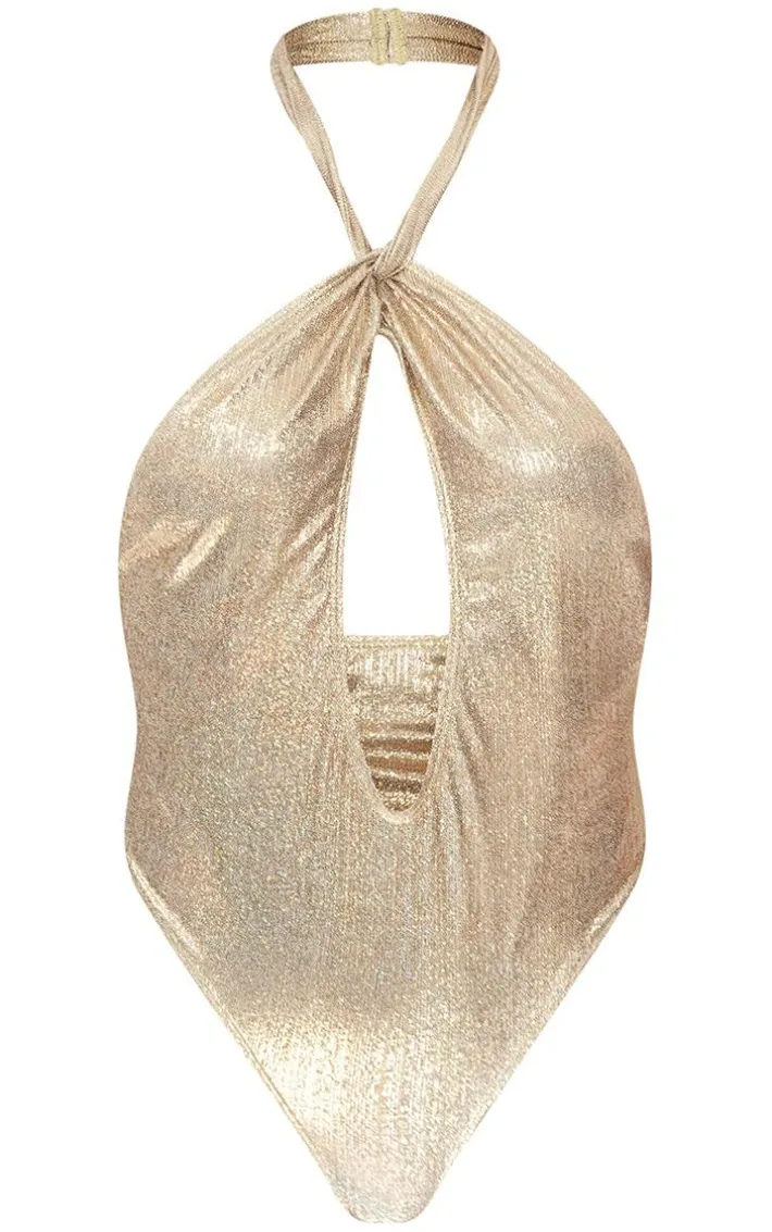 Gold Glitter Halterneck Cut Out Swimsuit