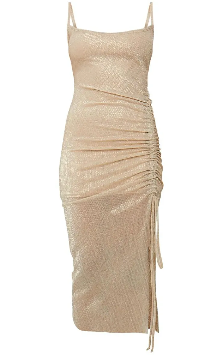 Glitter Plisse Ruched Midi Dress-PrettyLittleThing Outlet