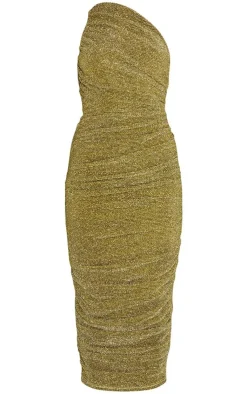 Glitter Plisse Ruched One Shoulder Midi Dress-PrettyLittleThing Clearance