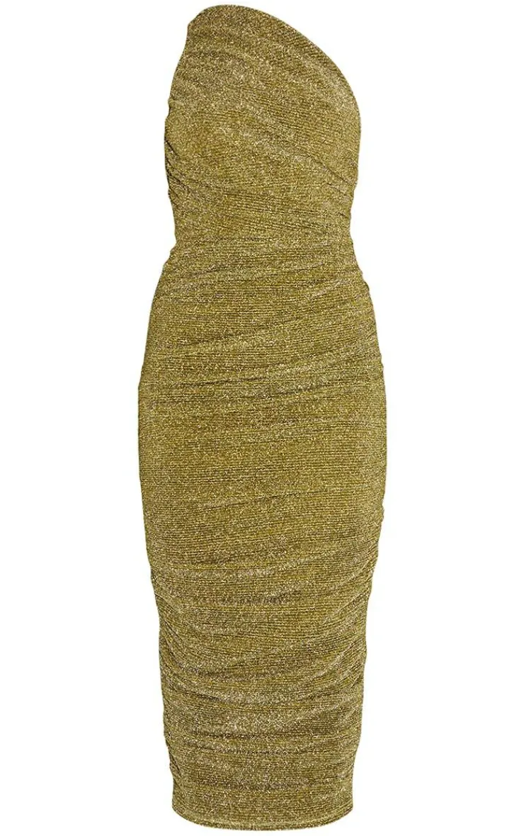 Glitter Plisse Ruched One Shoulder Midi Dress-PrettyLittleThing Clearance