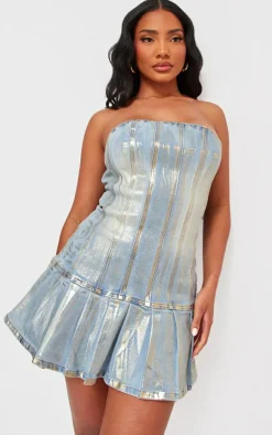 Gold Metallic Coated Denim Bandeau Skater Dress-PrettyLittleThing Online
