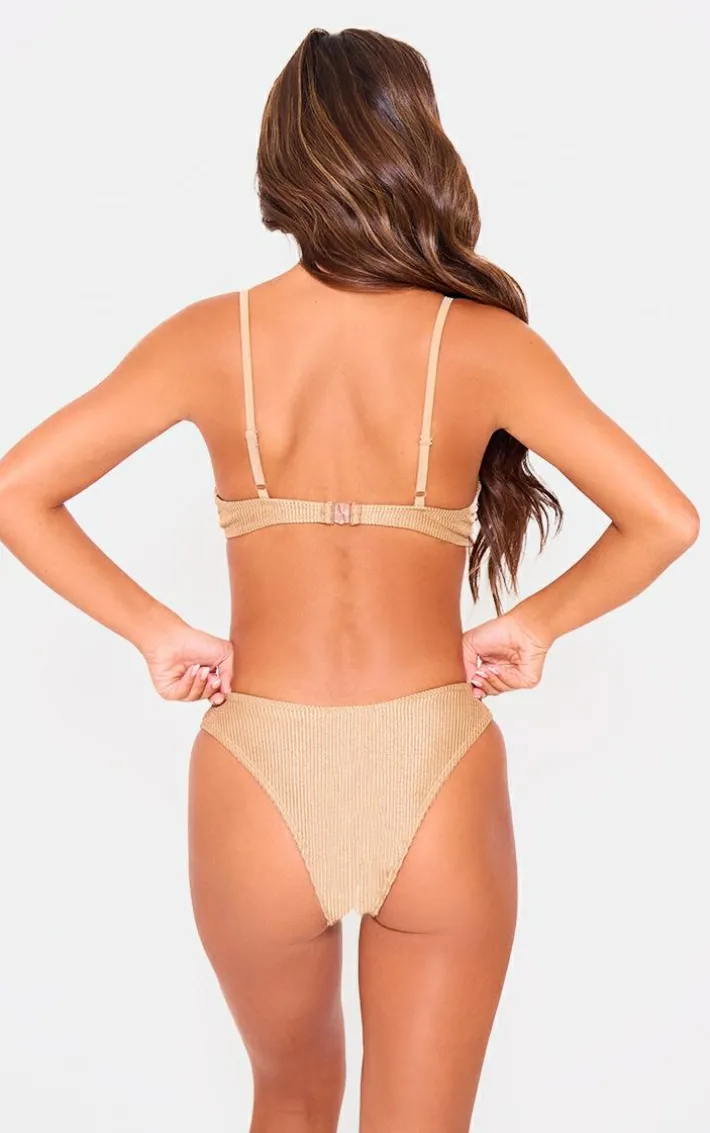 Gold Metallic Crinkle High Leg Bikini Bottoms