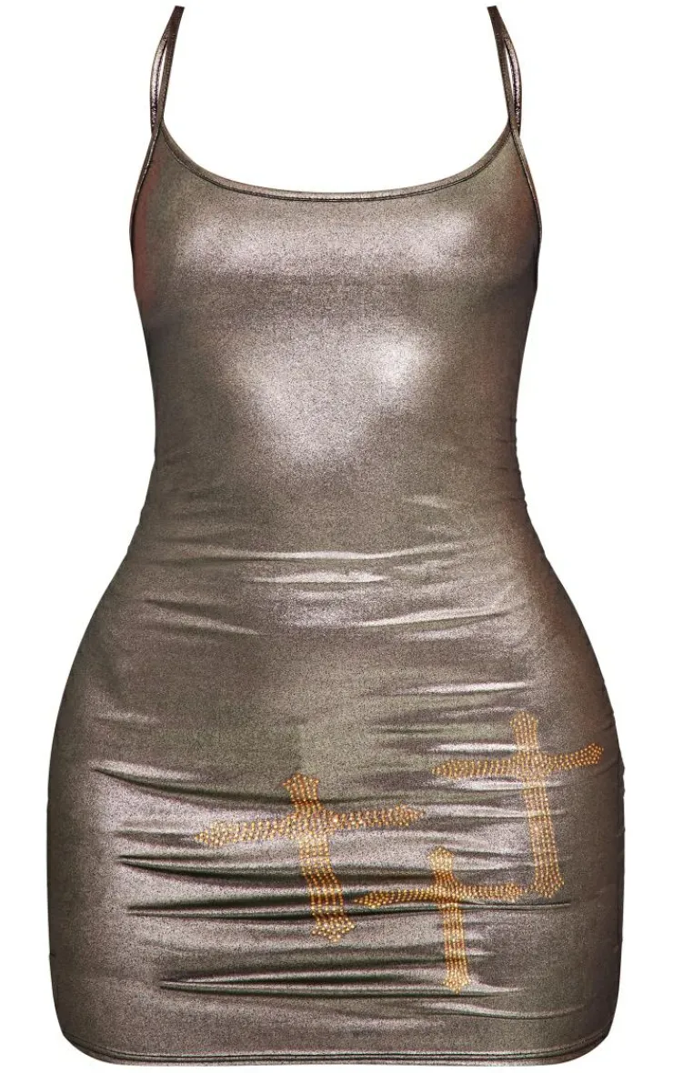 Metallic Diamante Gothic Cross Mini Dress-PrettyLittleThing New