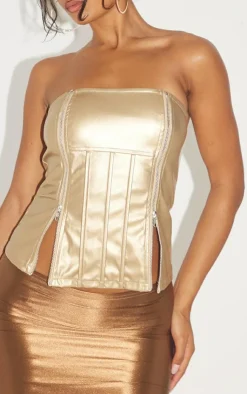 PrettyLittleThing Corsets*Metallic Faux Leather Bandeau Zip Detail Corset Top