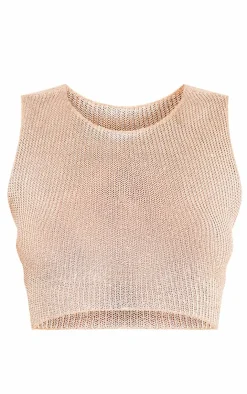 Clearance PrettyLittleThing Metallic Jersey Open Back Crop Top Gold