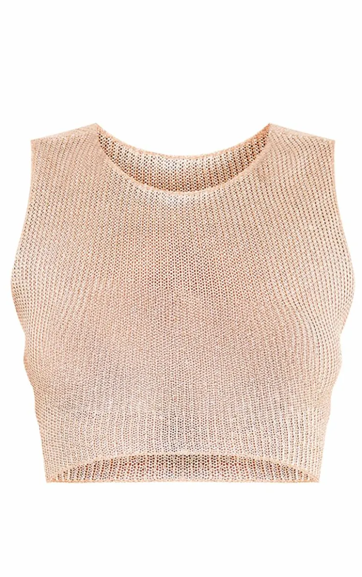 Clearance PrettyLittleThing Metallic Jersey Open Back Crop Top Gold