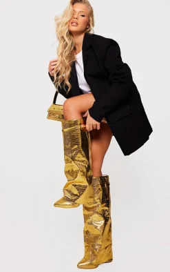 PrettyLittleThing Block Heels*Metallic Pu Fold Over Knee Block Heeled Boots