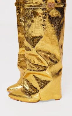 PrettyLittleThing Block Heels*Metallic Pu Fold Over Knee Block Heeled Boots