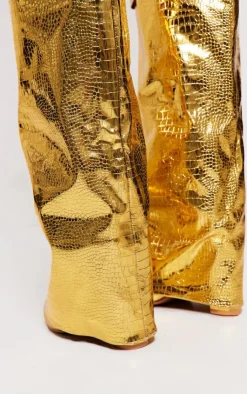 PrettyLittleThing Block Heels*Metallic Pu Fold Over Knee Block Heeled Boots