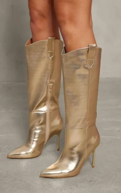 PrettyLittleThing High Heels*Metallic Pu Point Toe Western Knee High Stiletto Heeled Boots