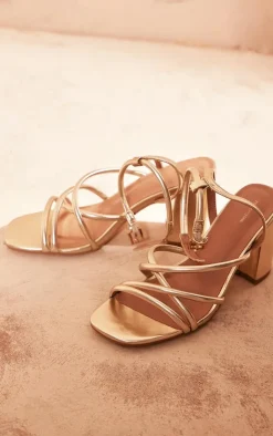 PrettyLittleThing Heeled Sandals*Metallic Pu Round Toe Multi Strap Block Heeled Sandals