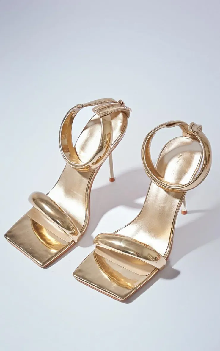 PrettyLittleThing High Heels*Metallic PU Square Toe Padded Double Strap High Heeled Sandals