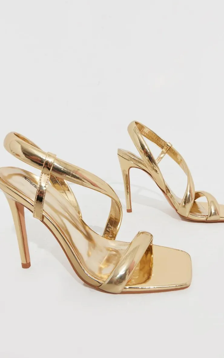 PrettyLittleThing High Heels*Metallic PU Square Toe Padded Asymmetric High Heeled Sandals