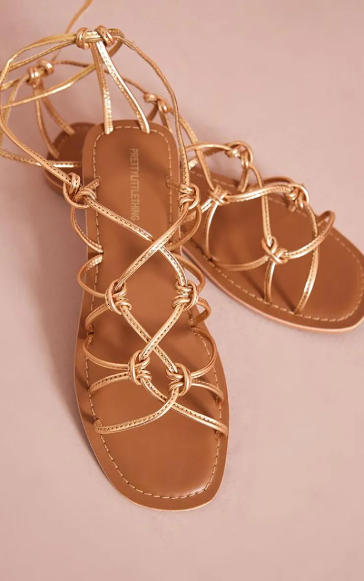 PrettyLittleThing Flat Sandals*Metallic Real Leather Square Toe Knotted Strap Tie Up Sandals