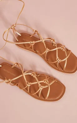 PrettyLittleThing Flat Sandals*Metallic Real Leather Square Toe Knotted Strap Tie Up Sandals