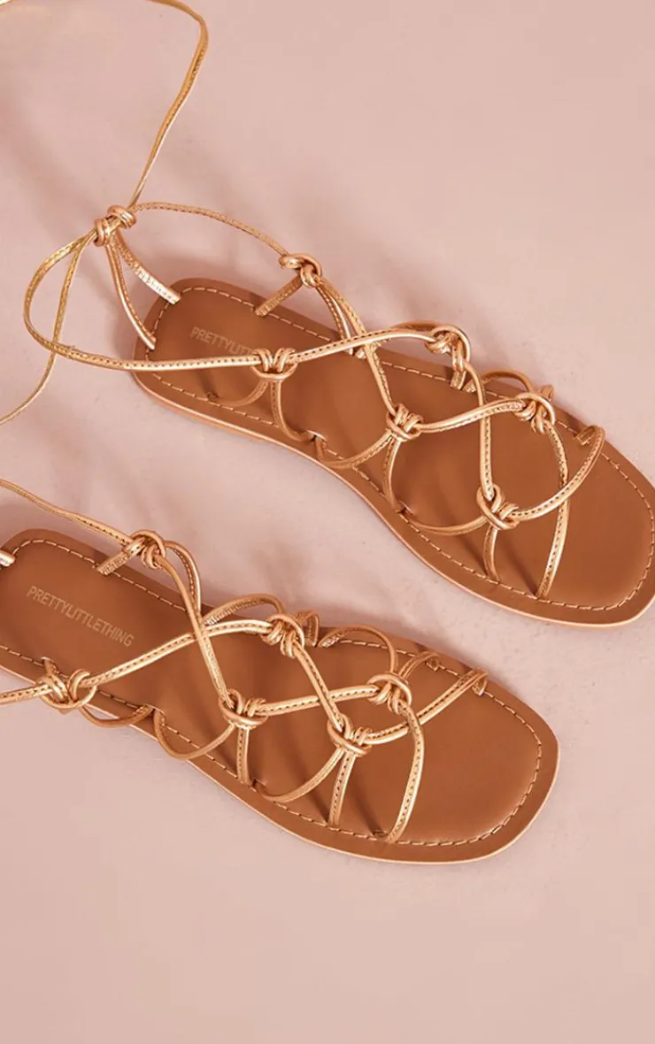 PrettyLittleThing Flat Sandals*Metallic Real Leather Square Toe Knotted Strap Tie Up Sandals