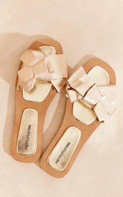 PrettyLittleThing Mules*Metallic Real Leather Square Toe Bow Strap Detail Flat Mule Sandals