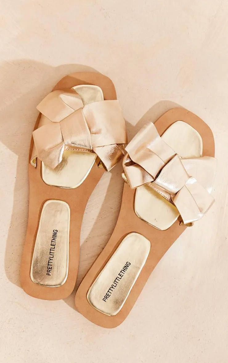 PrettyLittleThing Mules*Metallic Real Leather Square Toe Bow Strap Detail Flat Mule Sandals