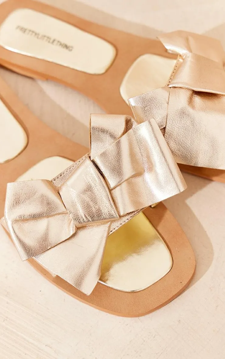 PrettyLittleThing Mules*Metallic Real Leather Square Toe Bow Strap Detail Flat Mule Sandals
