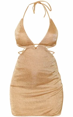 Metallic Sheer Halterneck Cut Out Mini Dress-PrettyLittleThing Online