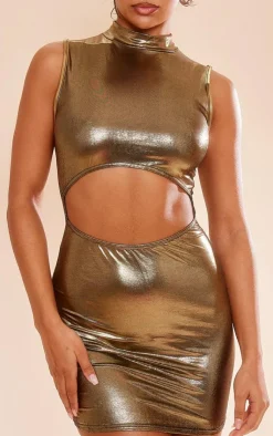Metallic Slinky High Neck Cut Out Bodycon Dress-PrettyLittleThing Online