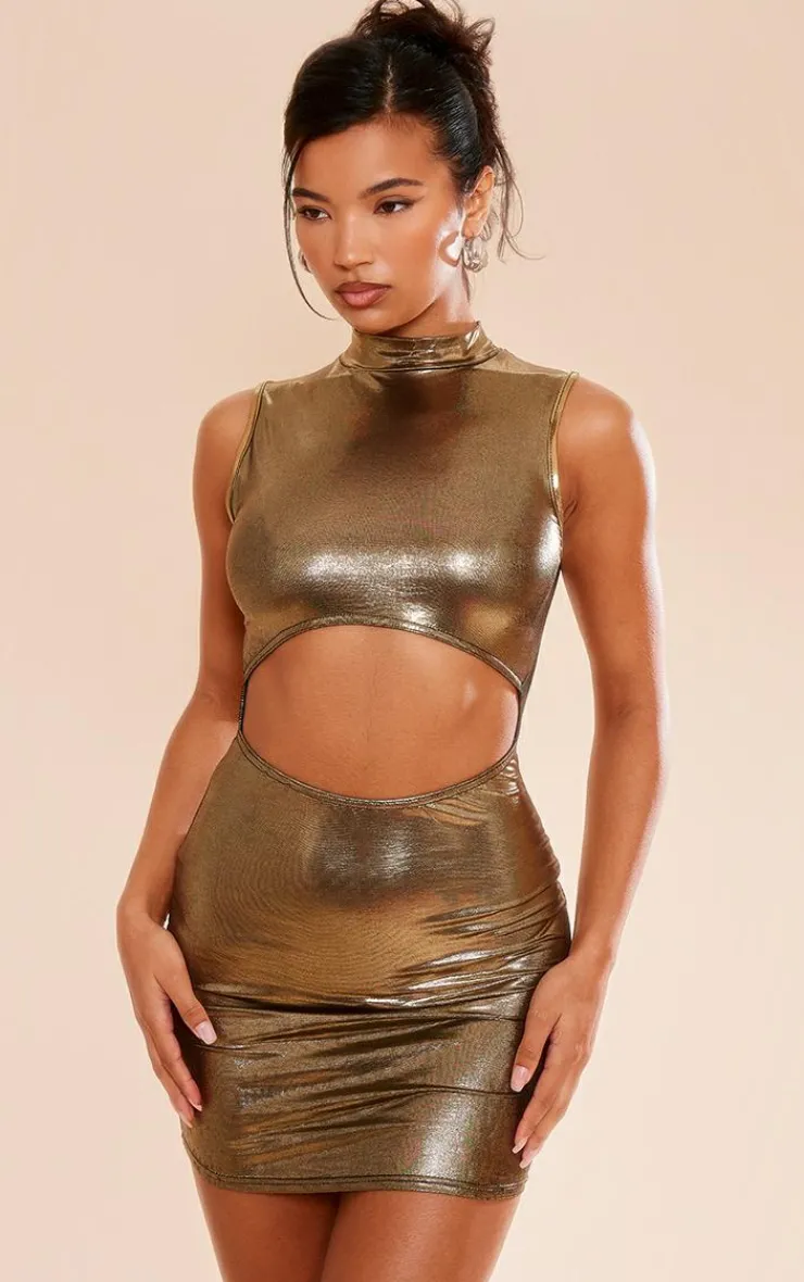 Metallic Slinky High Neck Cut Out Bodycon Dress-PrettyLittleThing Online