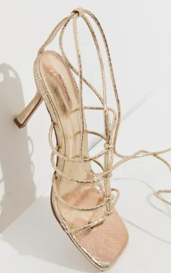 PrettyLittleThing Statement Heels*Metallic Snake PU Knotted Lace Up Sandals
