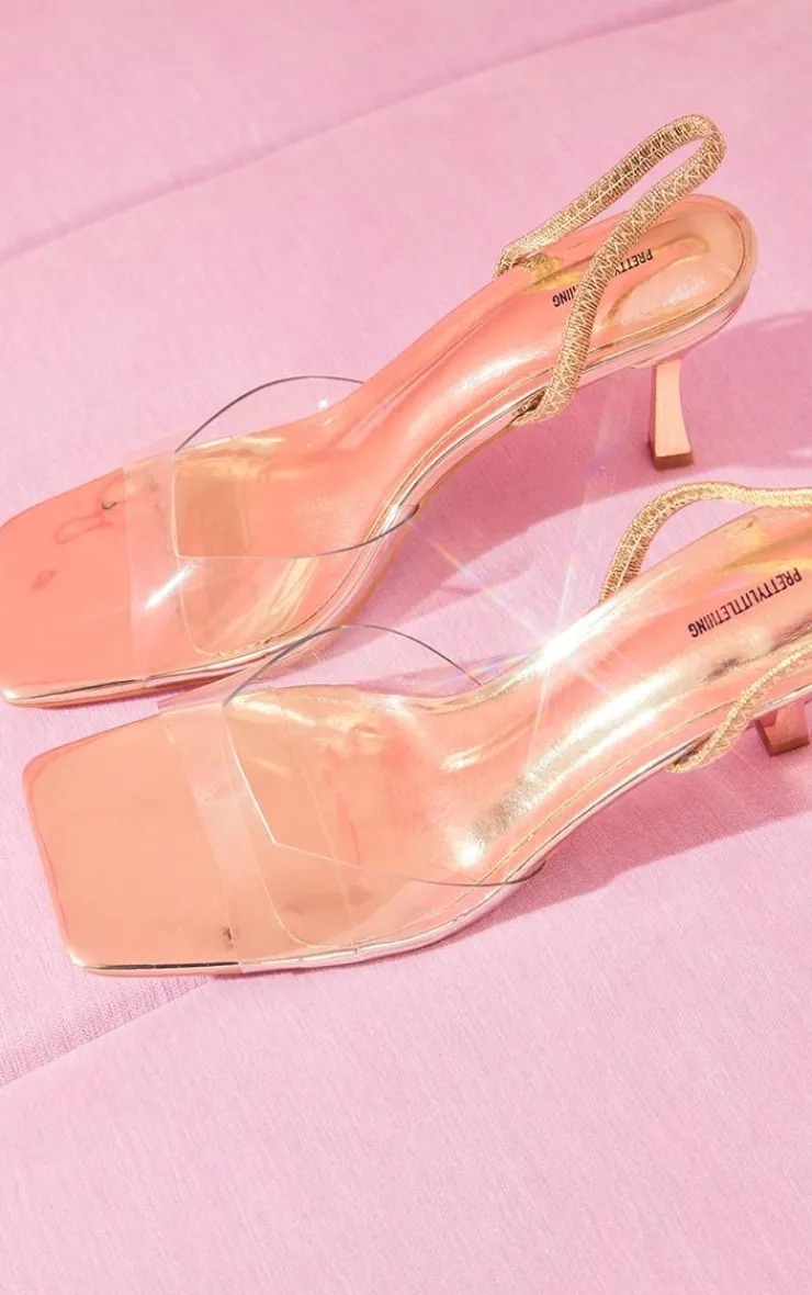 PrettyLittleThing Low Heels*Metallic Square Toe Clear Strap Low Heeled Sandals