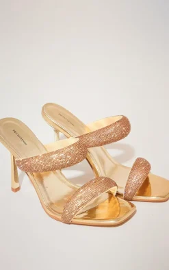 PrettyLittleThing High Heels*Metallic Square Toe Diamante Padded Strap Heeled Sandals