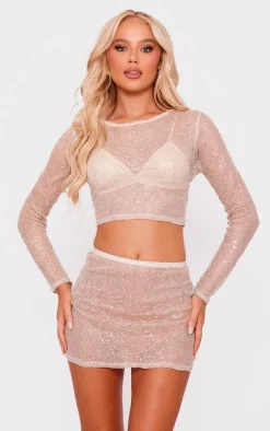 PrettyLittleThing Metallic Textured Mesh Dipped Hem Mini Skirt Gold