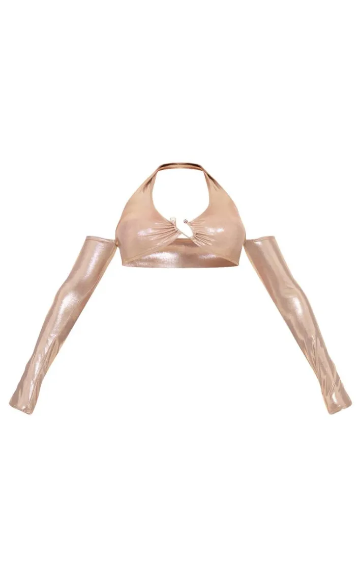 Gold Metallic Trim Bardot Long Sleeve Crop Top
